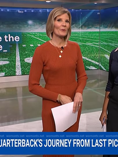 Kate Snow’s orange long sleeve ribbed dress on NBC News Daily