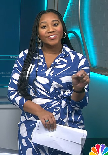Kay Angrum’s blue and white printed wrap dress on NBC News Daily