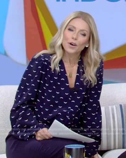 Kelly’s blue printed blouse on Live with Kelly and Mark