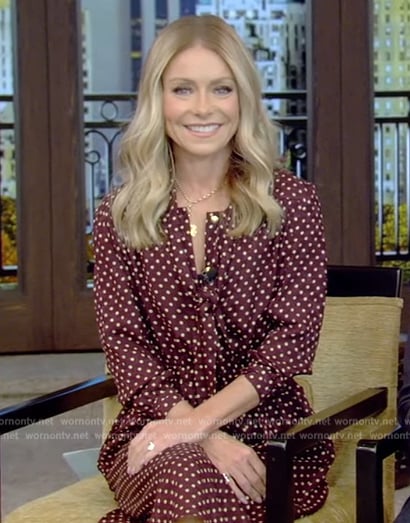 Kelly’s burgundy polka dot tie neck dress on Live with Kelly and Mark