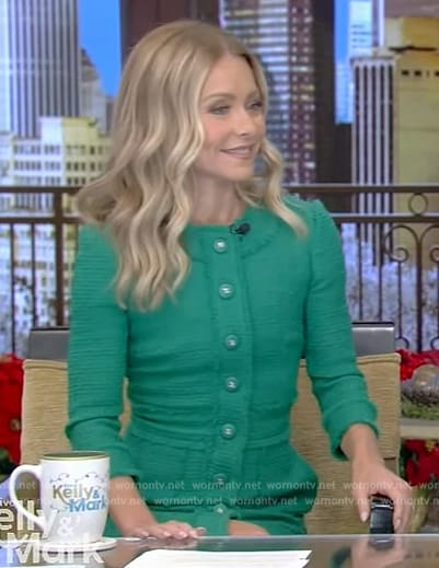 Kelly’s green tweed button down dress on Live with Kelly and Mark