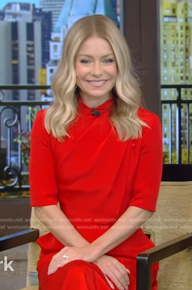 Kelly’s red mock meck midi dress on Live with Kelly and Mark