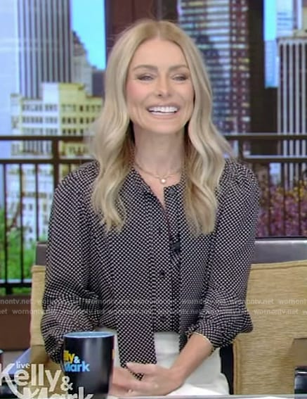 Kelly’s printed tie neck blouse on Live with Kelly and Mark