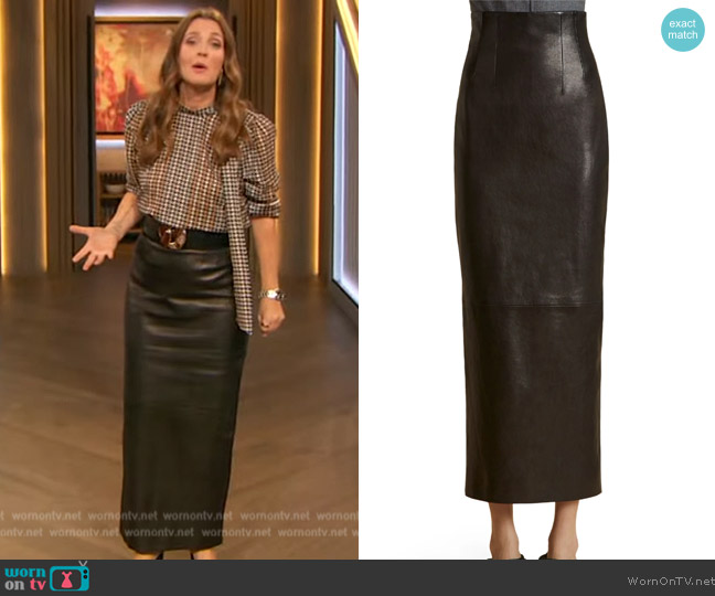 Khaite Loxley Fitted Leather Skirt worn by Drew Barrymore on The Drew Barrymore Show