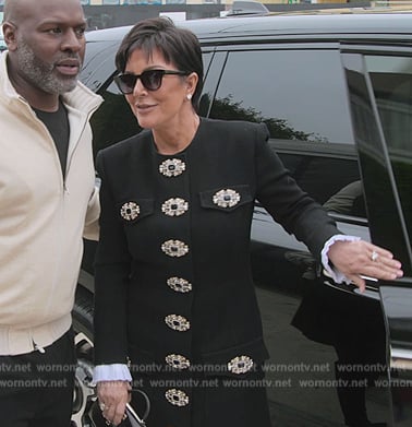 Kris’s black embellished button coat on The Kardashians