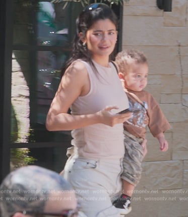Kylie’s beige mesh top and cargo pants on The Kardashians