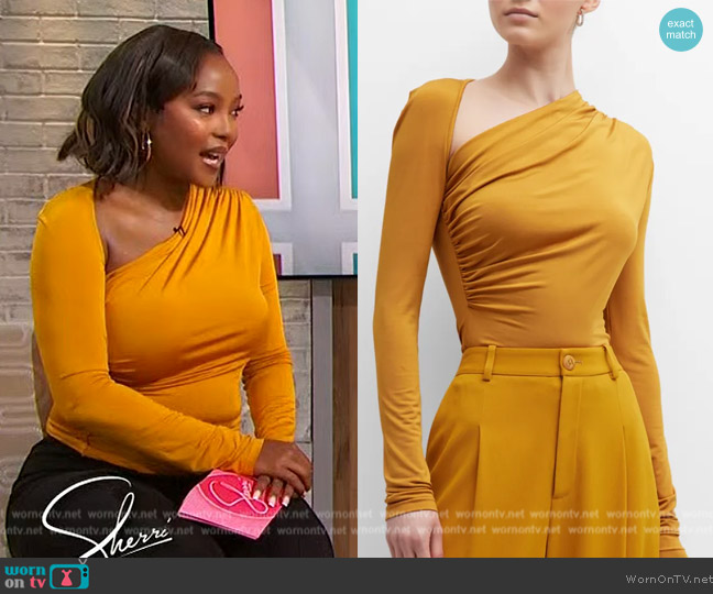 Lapointe Asymmetric Ruched Long-Sleeve Jersey Top worn by Makho Ndlovu on Sherri