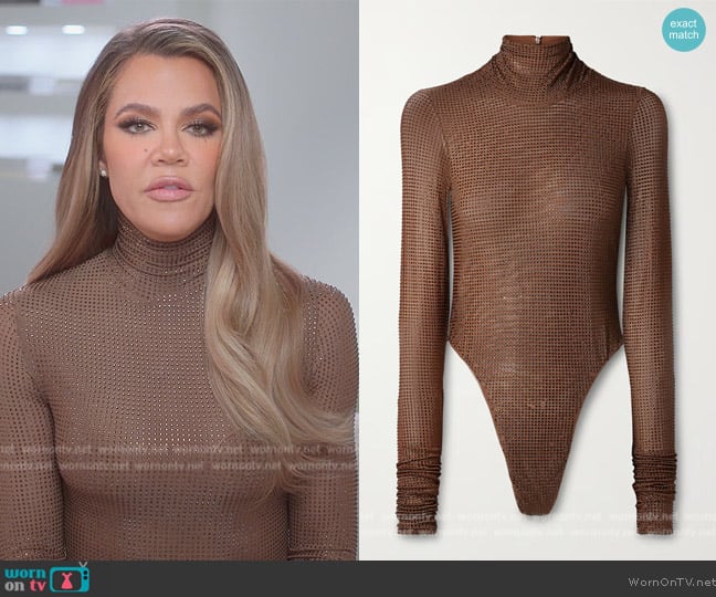 LaQuan Smith Crystal-embellished stretch-tulle turtleneck bodysuit worn by Khloe Kardashian (Khloe Kardashian) on The Kardashians
