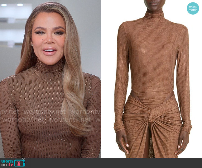 LaQuan Smith Stud Mock Neck Bodysuit in Cognac worn by Khloe Kardashian (Khloe Kardashian) on The Kardashians