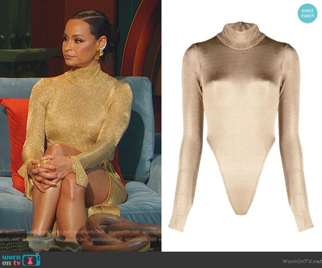 LaQuan Smith Mock neck knitted bodysuit worn by Sai De Silva on The Real Housewives of New York City