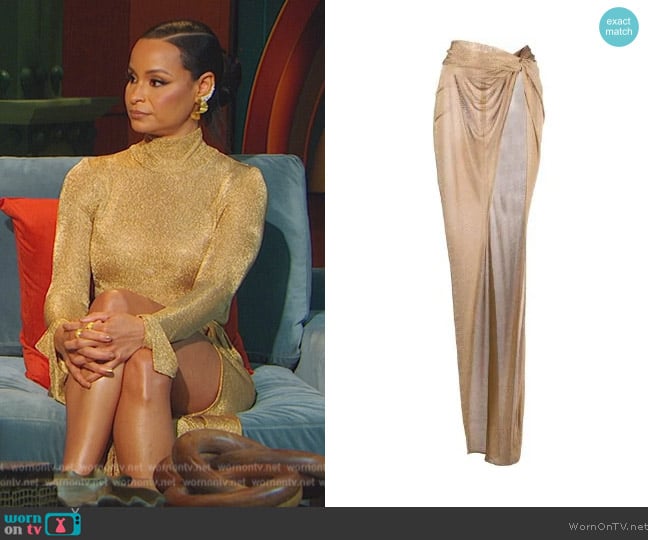 LaQuan Smith Twisted-detail draped skirt worn by Sai De Silva on The Real Housewives of New York City