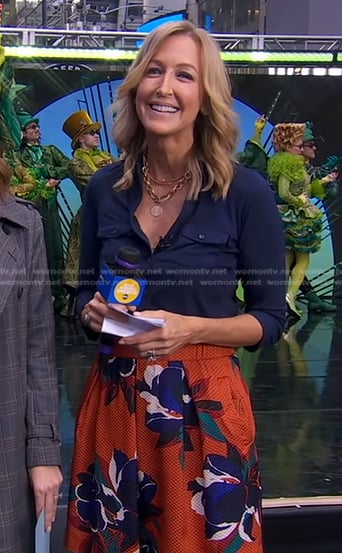 Lara’s orange floral mini skirt on Good Morning America