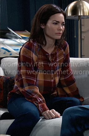 Elizabeth’s brown plaid button front top on General Hospital