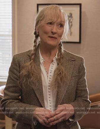 Loretta’s white button down blouse and blazer on Only Murders in the Building