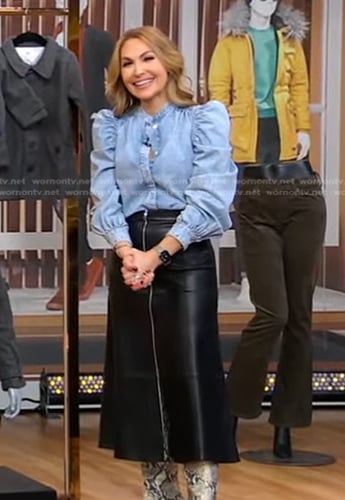 Lori’s puff sleeve chambray blouse and leather skirt on Good Morning America