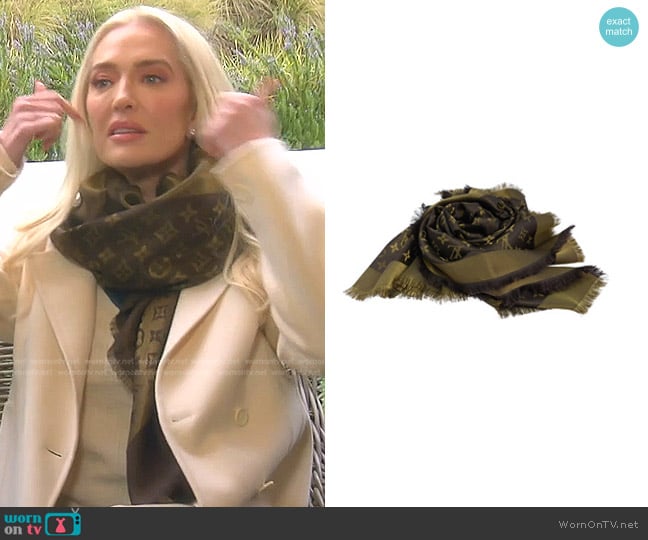 Louis Vuitton Chale Monogram Shine Silk Scarf worn by Erika Jayne on The Real Housewives of Beverly Hills