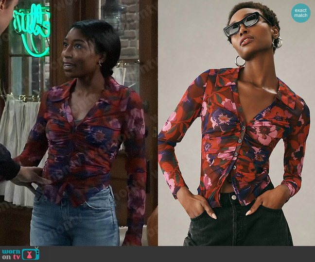 Maeve Sheer Ruched Buttondown Blouse in Red Motif worn by Trina Robinson (Tabyana Ali) on General Hospital