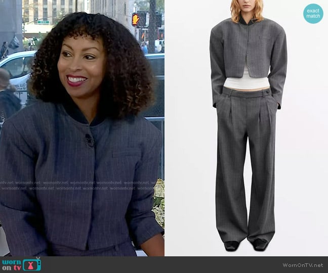 Mango Pinstripe Crop Jacket in Grey worn by Talia Parkinson on Today