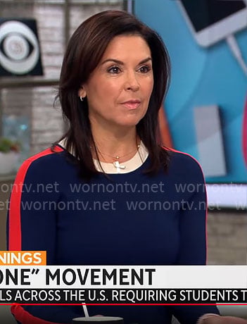 Meg Oliver’s navy dress with red stripe on CBS Mornings