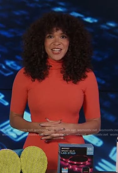Megan’s coral mock neck dress on Extra