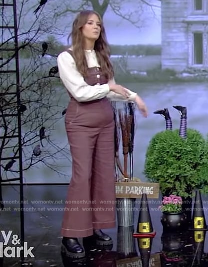 Monica Mangin’s brown denim jumpsuit on Live with Kelly and Mark