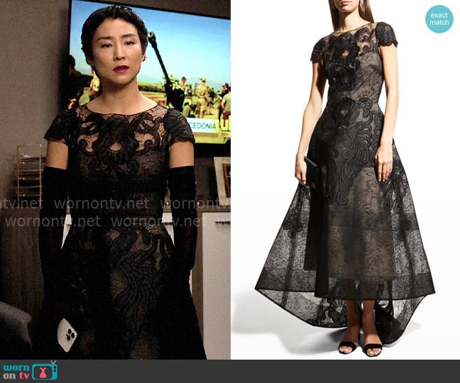 Monique Lhuillier Embroidered Lace High-Low Gown worn by Stella Bak (Greta Lee) on The Morning Show
