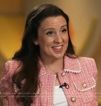 Ms. Rachel’s pink pearl embellished tweed blazer on Good Morning America