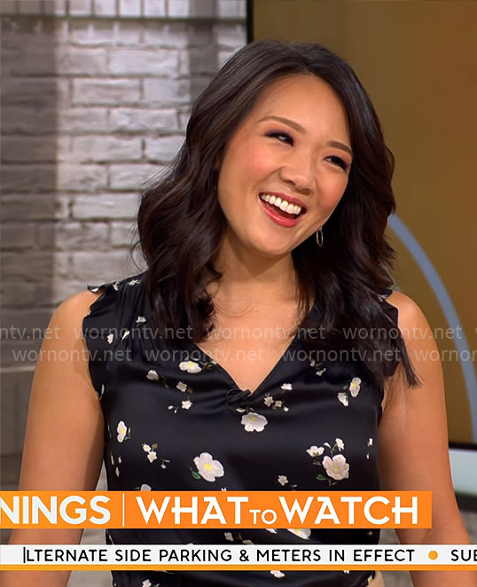 Nancy Chen’s black floral v-neck top on CBS Mornings