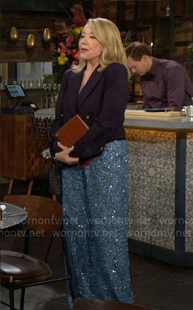 Nikki’s blue sequin pants and cropped blazer on The Young and the Restless