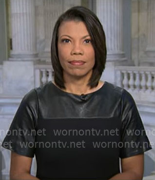 Nikole Killion’s black leather short sleeve dress on CBS Mornings