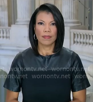 Nikole Killion’s black leather short sleeve dress on CBS Mornings