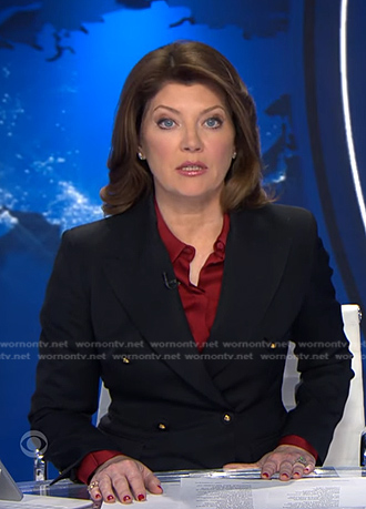 Norah’s black double breasted blazer on CBS Evening News