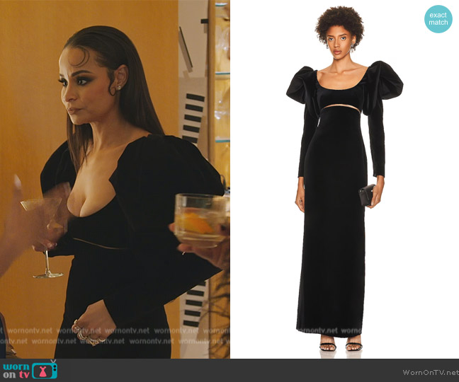 Oscar De La Renta Puff Sleeve Scoop Neck Velvet Gown worn by Sai De Silva on The Real Housewives of New York City