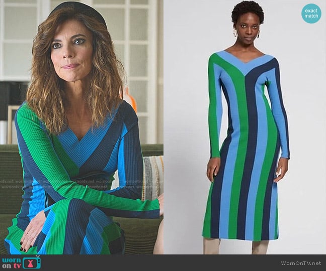 & Other Stories Fitted V-Neck Knitted Dress in Striped Multi-Colored worn by Carmen (Maribel Verdu) on Elite