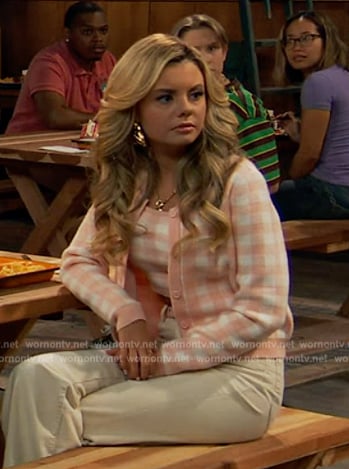 Destiny’s pink check cardigan and top on Bunkd