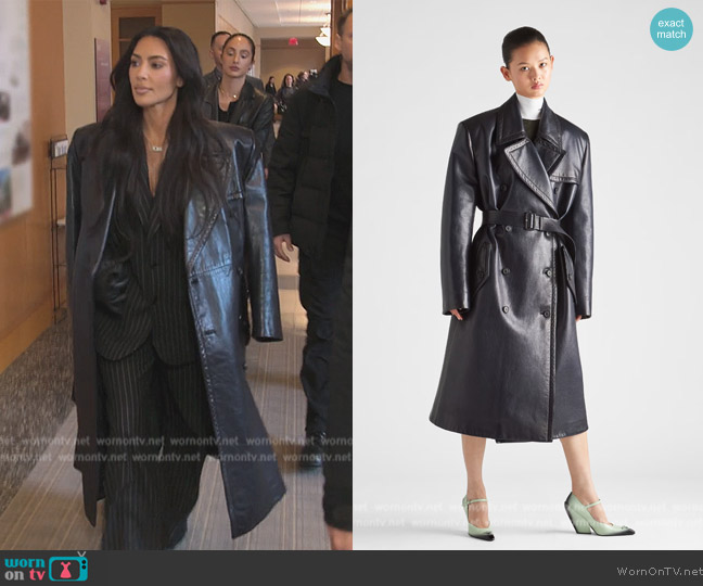 Prada Double-breasted leather trench coat worn by Kim Kardashian (Kim Kardashian) on The Kardashians