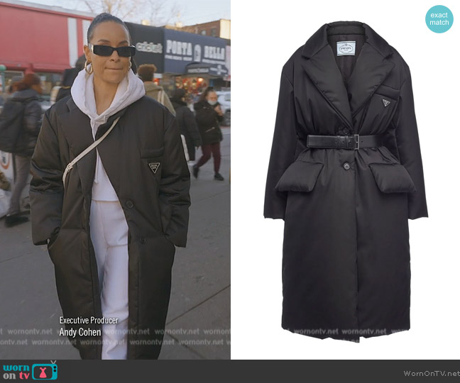 Prada Re-Nylon belted padded coat worn by Sai De Silva on The Real Housewives of New York City