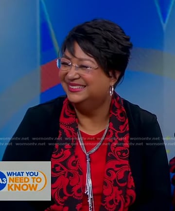 Rachel’s black and red printed shawl collar jacket on Good Morning America