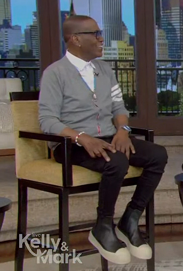 Randy Jackson’s gray sleeve stripe cardigan on Live with Kelly and Mark