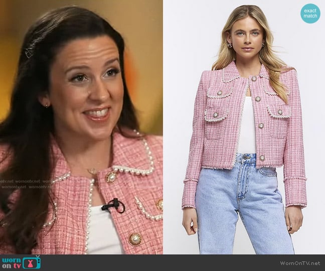 River Island Boucle Check Blazer in Pink worn by Rachel Griffin-Accurso on Good Morning America