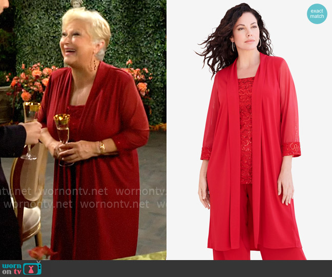 Roamans Three-Piece Lace & Sequin Duster Pant Set worn by Traci Abbott (Beth Maitland) on The Young and the Restless