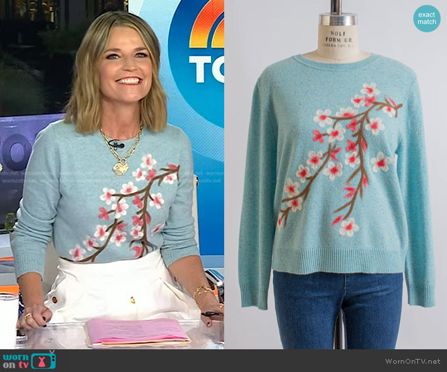 Saccharine Aqua Sprinkle Sweater with Cherry Blossom Motif worn by Savannah Guthrie on Today