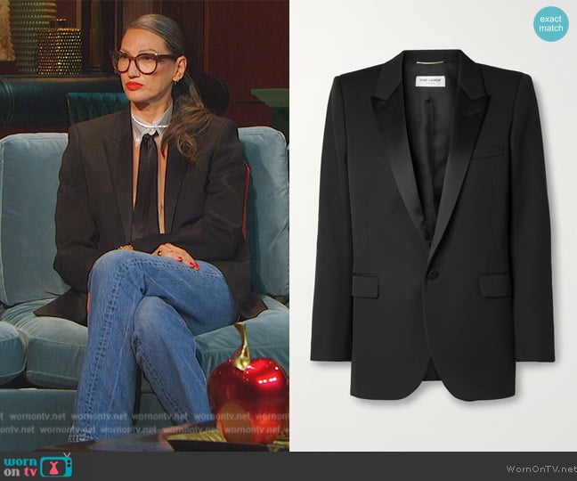 Saint Laurent Tube satin-trimmed grain de poudre wool blazer worn by Jenna Lyons on The Real Housewives of New York City