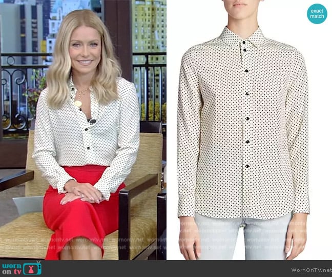 Saint Laurent Classic Shirt In Dotted Crepe De Chine worn by Kelly Ripa on Live with Kelly and Mark