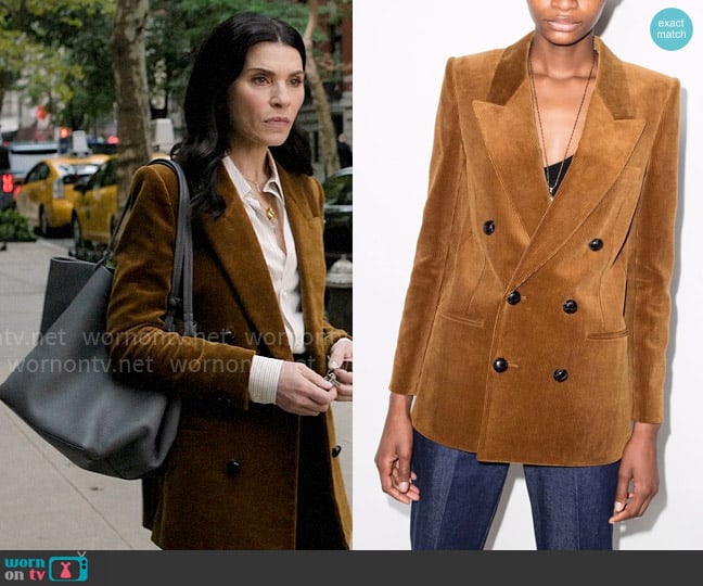 Saint Laurent Double-breasted corduroy blazer worn by Laura Peterson (Julianna Margulies) on The Morning Show