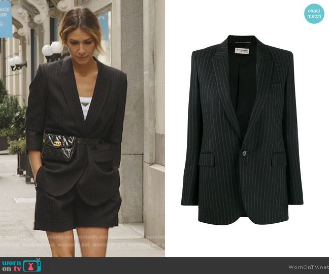 Saint Laurent Pinstripe tailored blazer jacket worn by Erin Lichy on The Real Housewives of New York City