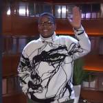 Sam Jay’s white abstract face sweater on The Kelly Clarkson Show