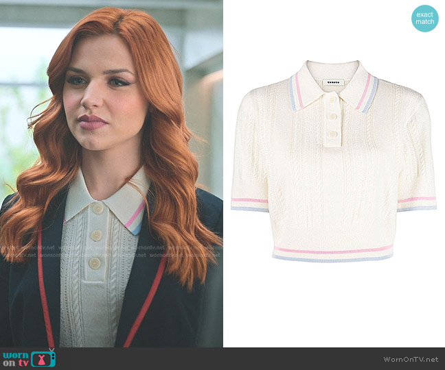 Sandro Loire Pointelle Cropped Polo Top in Ecru worn by Chloe (Mirela Balic) on Elite