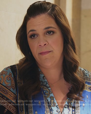 Sara’s blue paisley print wrap dress on All Rise