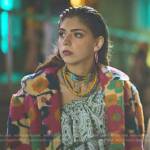 Sara’s embroidered ruffle top and floral coat on Elite